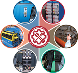 A circle of different images of maintenance equipment
