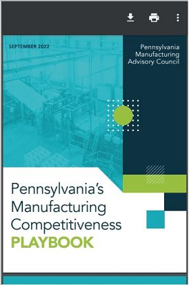 Front cover of PA Manufacturing Competitiveness Playbook in shades of blues white and green