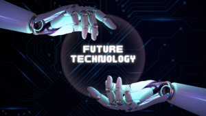 Two robotic hands above and below Technology Future 