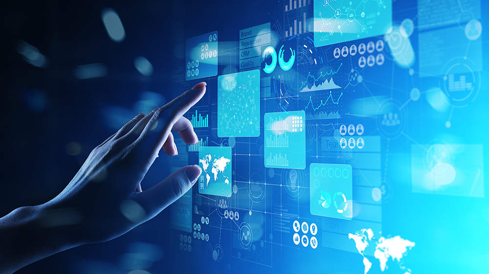 Business intelligence analyst dashboard on virtual screen. Big data Graphs Charts.