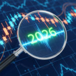 Magnifying glass over a graph showing 2026 in green, representing financial analysis, investment forecast, or economic outlook for the future year